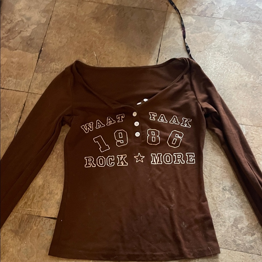 SHEIN Chocolate Brown Graphic Long Sleeve Top